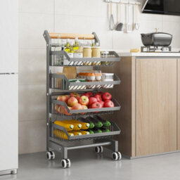 London Boutique 32X42X90Cm 4 Tier Wheeled Kitchen Trolley Grey, Heavy Duty Metal Vegetable Fruit Storage Rack With Wooden Handle - thumbnail 4