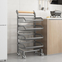 London Boutique 32X42X90Cm 4 Tier Wheeled Kitchen Trolley Grey, Heavy Duty Metal Vegetable Fruit Storage Rack With Wooden Handle - thumbnail 1