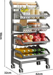 London Boutique 32X42X90Cm 4 Tier Wheeled Kitchen Trolley Grey, Heavy Duty Metal Vegetable Fruit Storage Rack With Wooden Handle - thumbnail 2
