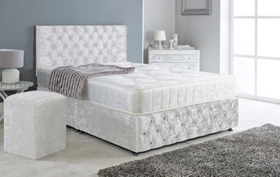 Adore Designs Chesterfield Crushed Velvet Divan Bed, Ortho Mattress, Footboard & Square Stool - 4Ft Small Double - White - 2 Drawers Foot End - image 1