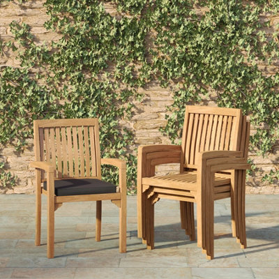 Eterna Henley Solid Teak Wood Outdoor Garden Stacking Chairs - Pack Of 4 - With Cream Cushions - image 1