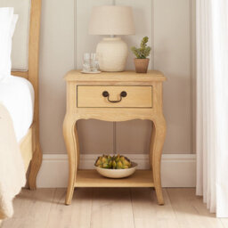 The Furniture Market French Chateau Oak Bedside Table 1 Drawer Solid Nightstand Cabriole Legs Antique Bronze Handle Natural Whitewash Finish