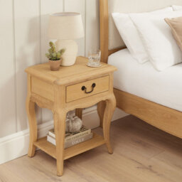 The Furniture Market French Chateau Oak Bedside Table 1 Drawer Solid Nightstand Cabriole Legs Antique Bronze Handle Natural Whitewash Finish - thumbnail 5