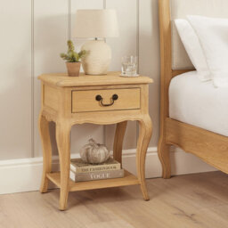 The Furniture Market French Chateau Oak Bedside Table 1 Drawer Solid Nightstand Cabriole Legs Antique Bronze Handle Natural Whitewash Finish - thumbnail 3