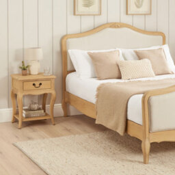 The Furniture Market French Chateau Oak Bedside Table 1 Drawer Solid Nightstand Cabriole Legs Antique Bronze Handle Natural Whitewash Finish - thumbnail 4
