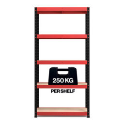 RB UK Rb Boss Garage Shelving Unit 5 Shelf Mdf Red & Black Powder Coated Steel (H)1800mm (W)900mm (D)400mm - thumbnail 4