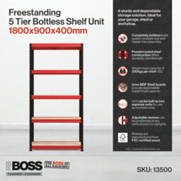 RB UK Rb Boss Garage Shelving Unit 5 Shelf Mdf Red & Black Powder Coated Steel (H)1800mm (W)900mm (D)400mm - thumbnail 5
