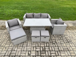 Fimous Rattan Garden Funiture Set Adjustable Rising Lifting Table Lounge Sofa Dining Set 2 Chairs Big And Small Footstool - thumbnail 1