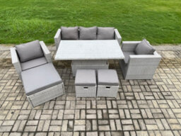 Fimous Rattan Garden Funiture Set Adjustable Rising Lifting Table Lounge Sofa Dining Set 2 Chairs Big And Small Footstool - thumbnail 2