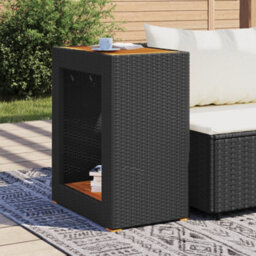 Vidaxl Garden Side Table With Wooden Top Black 60X40X75 Cm Poly Rattan - thumbnail 3