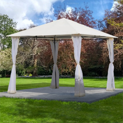 Hipped Roof Metal Gazebo With Showerproof Sunshade Canopy And Side Screens, Beige, 3.0X3.0M
