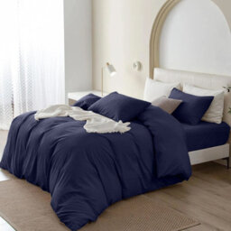 Oxford Homeware Navy Super King Plain Dyed Duvet Cover, Fitted Sheet & Pillowcases Set 4 Piece Bed Sets - thumbnail 2