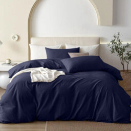 Oxford Homeware Navy Super King Plain Dyed Duvet Cover, Fitted Sheet & Pillowcases Set 4 Piece Bed Sets - thumbnail 1
