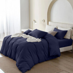 Oxford Homeware Navy Super King Plain Dyed Duvet Cover, Fitted Sheet & Pillowcases Set 4 Piece Bed Sets - thumbnail 3