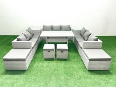 Fimous Rattan Garden Furniture Dining Set 13 Seater Lounge Sofa Dining Table Set 4 Stools Side Table Light Grey - image 1
