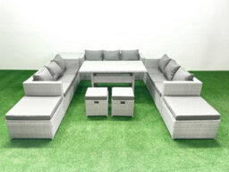 Fimous Rattan Garden Furniture Dining Set 13 Seater Lounge Sofa Dining Table Set 4 Stools Side Table Light Grey - thumbnail 1