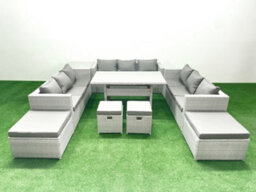 Fimous Rattan Garden Furniture Dining Set 13 Seater Lounge Sofa Dining Table Set 4 Stools Side Table Light Grey - thumbnail 2