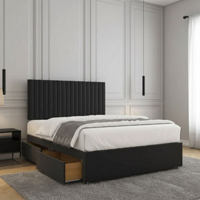 REGIONAL FURNISHINGS Divan Bed Set Black Plush Velvet Upholstered With 24Inch Headboard 2Drawersfootend & Mattress In 4Ft 4Ft6 5Ft 6Ft Sizes - image 1