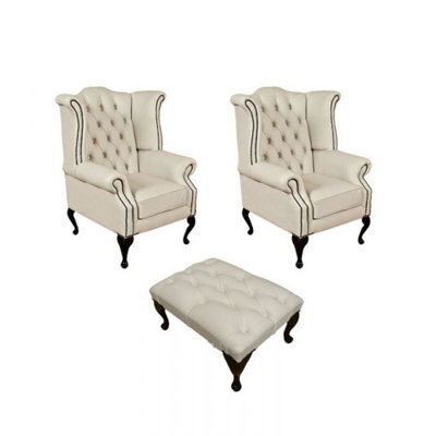 Chesterfield 2 X Wing Chairs + Footstool Ivory Leather In Queen Anne Style
