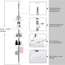 Adjustable Bathroom Corner Shelf, Telescopic Shower Caddy, Floor To Ceiling, White And Silver - thumbnail 8