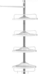 Adjustable Bathroom Corner Shelf, Telescopic Shower Caddy, Floor To Ceiling, White And Silver - thumbnail 7