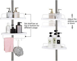 Adjustable Bathroom Corner Shelf, Telescopic Shower Caddy, Floor To Ceiling, White And Silver - thumbnail 5