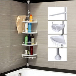 Adjustable Bathroom Corner Shelf, Telescopic Shower Caddy, Floor To Ceiling, White And Silver - thumbnail 3