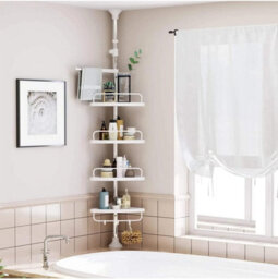 Adjustable Bathroom Corner Shelf, Telescopic Shower Caddy, Floor To Ceiling, White And Silver - thumbnail 1
