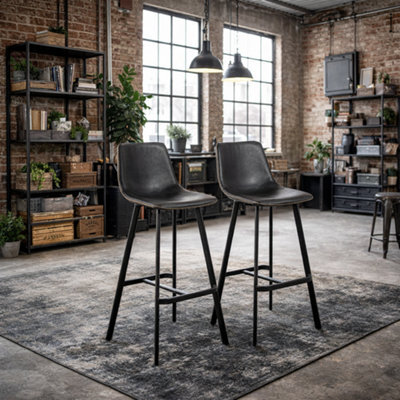 Wyld Haus Bogense Set Of 2 Black Faux Leather Bar Stools With Cream Stitching - image 1