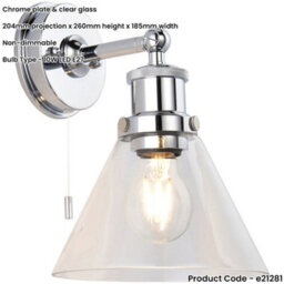Loops Ip44 Bathroom Wall Light - Chrome Plated Clear Coned Glass Shade - 10W Led E27 - thumbnail 2