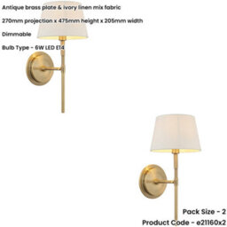 Loops 2 Pack Indoor Antique Brass Plate Wall Light - Ivory Linen Mix Fabric Shade - Dimmable 6W Led E14 - thumbnail 2