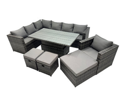 Fimous 10-Seater Height Adjustable Rising Lifting Table Corner Sofa Set Rattan Garden Furniture Dining Set With 3 Stool - image 1