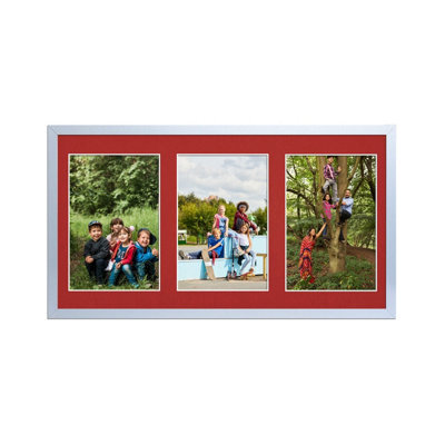 AK Frames 40X20Cm Silver Sleek Multi Photo Frame With Crimson Mount - Holds 3 Apertures (3X) 6X4 Photos - image 1