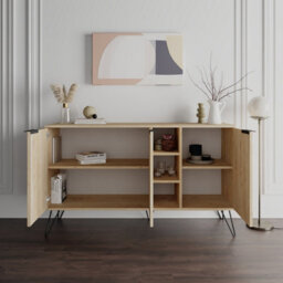 Decortie Clara Sideboard Cabinet Modern Storage Shelves Hairpin Legs Oak 142Cm - thumbnail 4