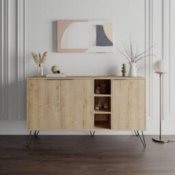 Decortie Clara Sideboard Cabinet Modern Storage Shelves Hairpin Legs Oak 142Cm - thumbnail 1