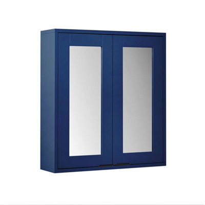 Homestylestore 600 X 650mm Navy Blue Wall Mounted Mirrored Door Bathroom Cabinet And Black Finger Pull Handles - image 1