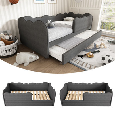 Btm Grey Linen 3Ft Single Daybed With Pull Out Trundle Slatted Frame Sofa Bed For Adults And Children 90 X 190 Cm No Mattress - image 1