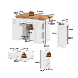 Matteo Modern Kitchen Island With Foldable Countertop - White Mdf Mobile Kitchen Cart With 3-Tier Storage - thumbnail 2
