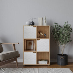 Urbn-Living Urbnliving 91Cm Height 6 Cubes Oak Wooden Bookcase Display Shelf Storage Cabinet With Modern Geo White Door - thumbnail 1