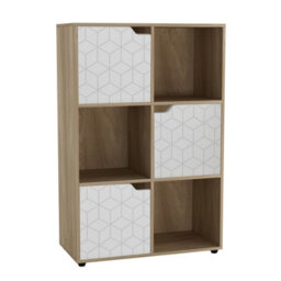 Urbn-Living Urbnliving 91Cm Height 6 Cubes Oak Wooden Bookcase Display Shelf Storage Cabinet With Modern Geo White Door - thumbnail 2