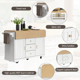 Abrihome Extendable Kitchen Trolley On Casters, 2-Sided Extension, Towel Rail & Spice Rack, 2 Doors, 3 Drawers, White, 120X40(80)X95Cm - thumbnail 3