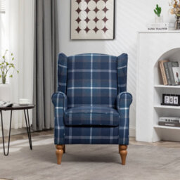 Wingback Tartan Armchair Soft Padded Retro Check Leisure Chair Fabric Lounge For Living Room Bedroom - Blue - thumbnail 2