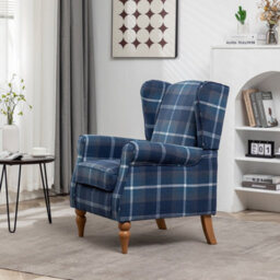 Wingback Tartan Armchair Soft Padded Retro Check Leisure Chair Fabric Lounge For Living Room Bedroom - Blue - thumbnail 4