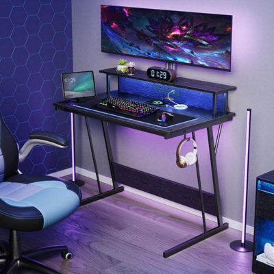 Songmics Gaming Desk With Led Lights And Built-In Power Outlets, Computer Desk With Monitor Shelf, Gaming Table, Ebony Black - image 1
