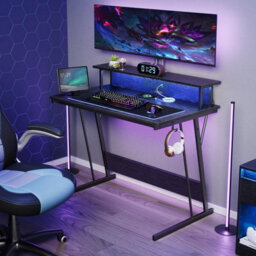 Songmics Gaming Desk With Led Lights And Built-In Power Outlets, Computer Desk With Monitor Shelf, Gaming Table, Ebony Black - thumbnail 1
