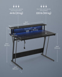 Songmics Gaming Desk With Led Lights And Built-In Power Outlets, Computer Desk With Monitor Shelf, Gaming Table, Ebony Black - thumbnail 2