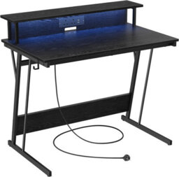 Songmics Gaming Desk With Led Lights And Built-In Power Outlets, Computer Desk With Monitor Shelf, Gaming Table, Ebony Black - thumbnail 7