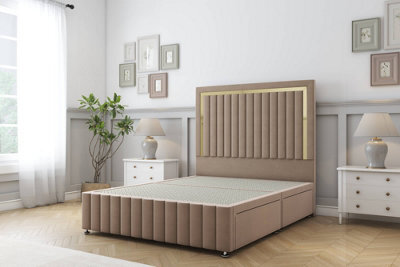 "Sloomy Boston Gold Mink Plush Divan Bed 2 Drawers Right Side-54"" Floor Standing Headboard 12"" Footboard 5' King" - image 1