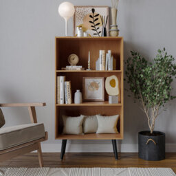 Urbn-Living Urbnliving 90Cm Height Wide Beech 3 Tier Bookcase Storage Cabinet Scandinavian Style Black Legs - thumbnail 2