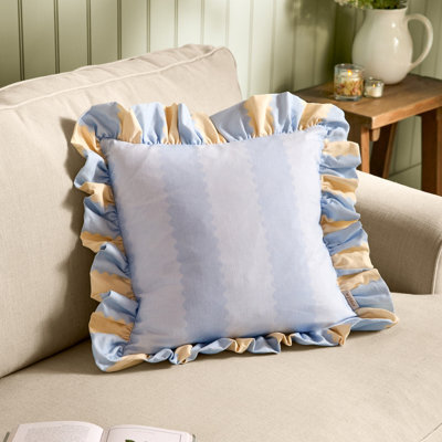 Wylder Birdie Stripe Ruffle Feather Filled Cushion, Lemon/sky, 45 X 45Cm - image 1